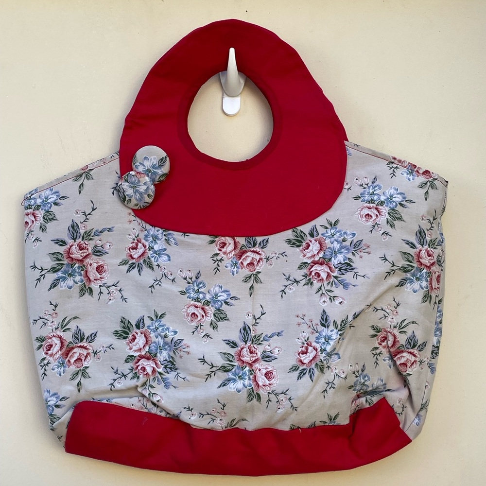 Vintage Style Cottagecore Floral Canvas Handbag Red Fabric Tote Large